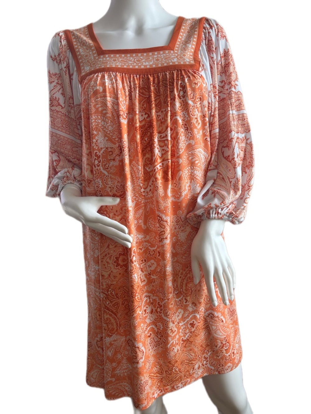 Michael Kors Orange and White Paisley Square-Neck Mini Dress